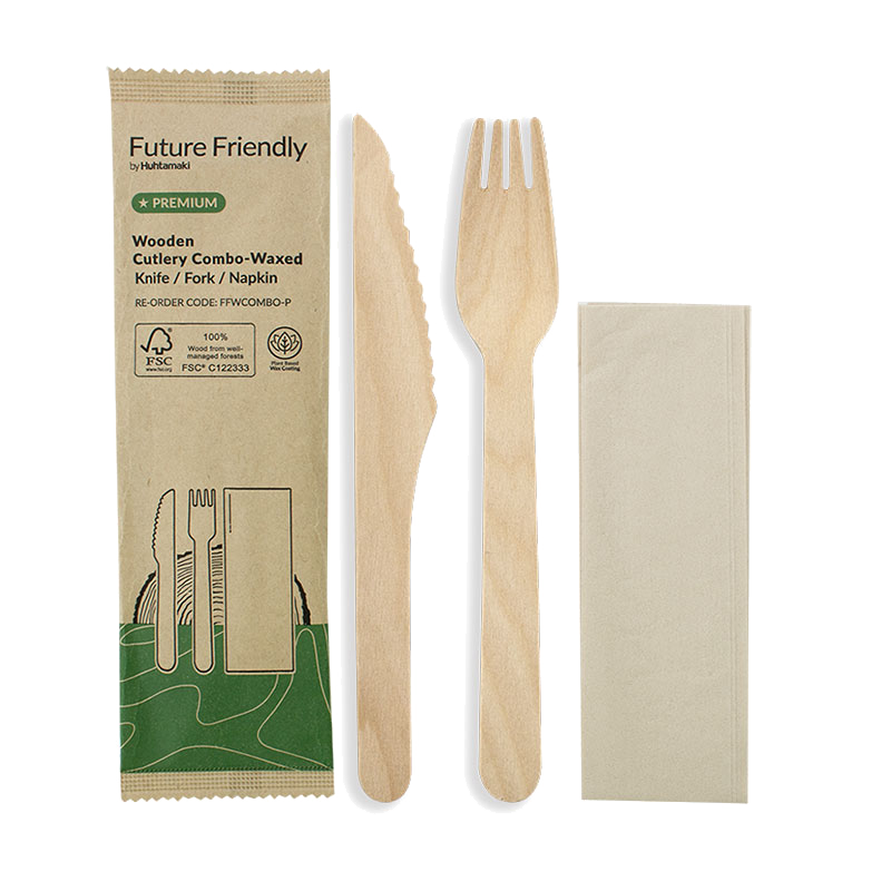 100% FSC® Certified Premium Wooden Cutlery Wax Coated Combo Napkin, Knife and Fork