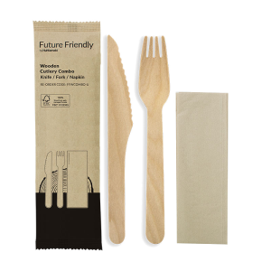 100% FSC® Certified Wooden Cutlery Uncoated Combo Set of Knife, Fork & Napkin
