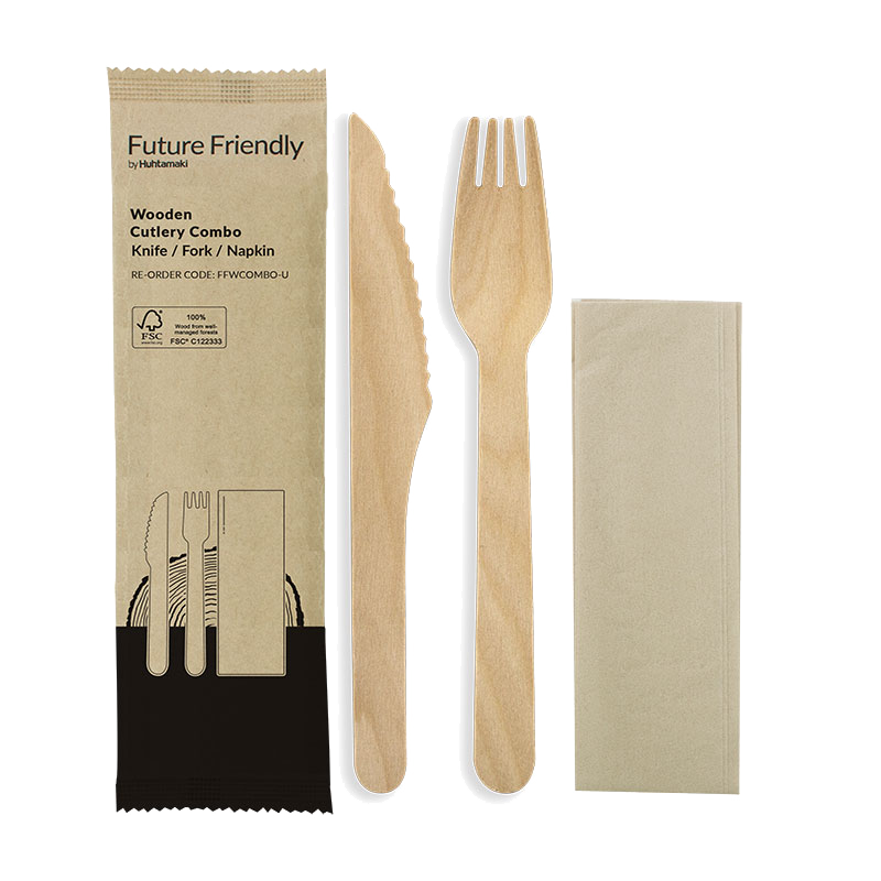 100% FSC® Certified Wooden Cutlery Uncoated Combo Set of Knife, Fork & Napkin