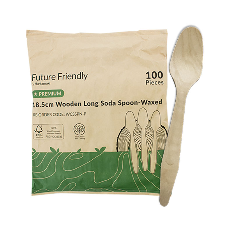 100% FSC® Certified Premium Wooden Cutlery Wax Coated Long Soda Spoon 185mm
