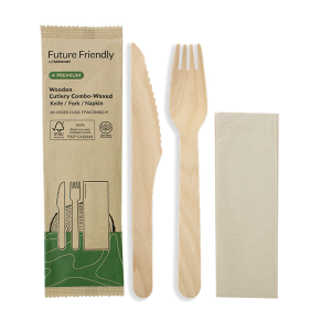 FSC® 100% Certified Premium Wooden Cutlery Wax Coated Combo Napkin, Knife and Fork